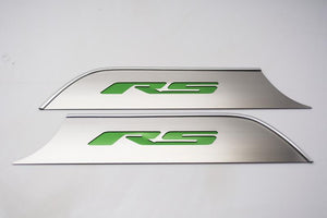 2010-2015 CAMARO RS - DOOR PANEL KICK PLATES W/RS INLAY 2PC | BRUSHED STAINLESS, CHOOSE COLOR