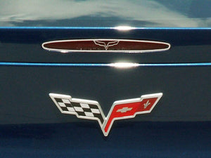 2005-2013 C6 CORVETTE - 5TH BRAKE LIGHT TRIM CROSSED FLAGS STYLE  POLISHED STAINLESS STEEL