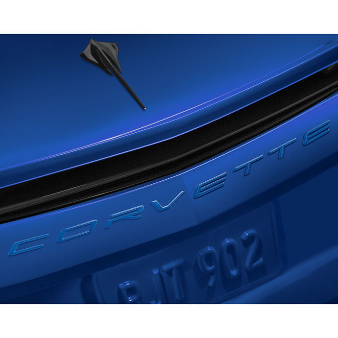 2020 C8 Corvette Stingray Rear Emblem, Corvette Script, Elkhart Lake Blue Metallic