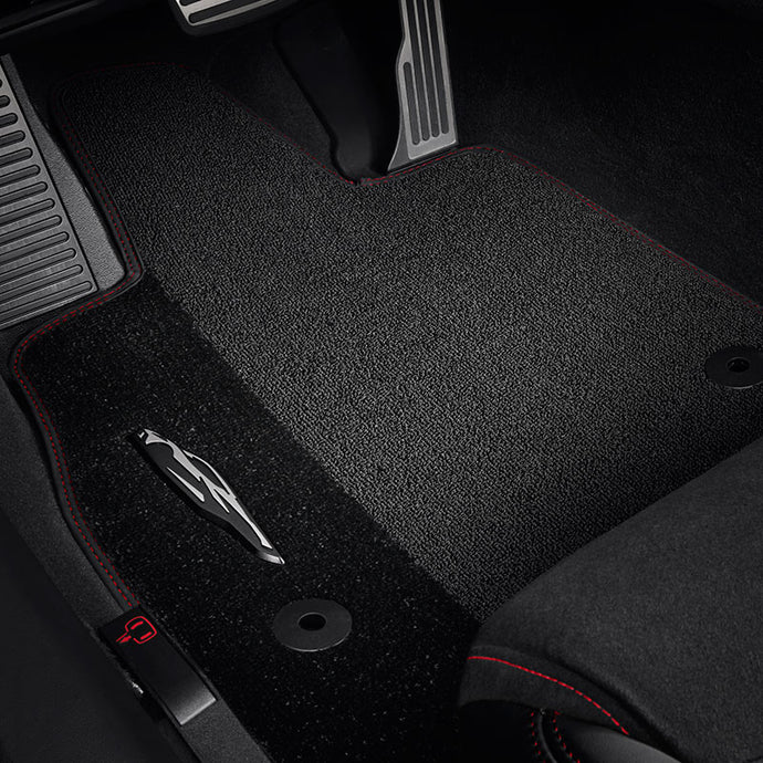 2020 C8 Corvette Stingray Front Floor Mats, Premium Carpet, Black With Torch Red Stitching
