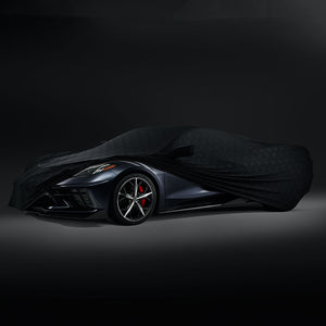 2020 C8 Corvette Stingray Car Cover, Indoor, Black With Embossed Crossed Flags Logo, Premium
